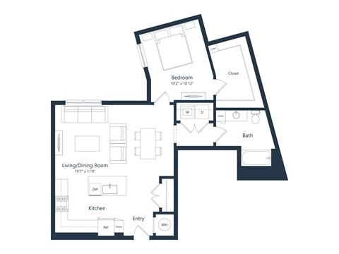 Floor plan for 1 bed, 1 bath, 835 sqft